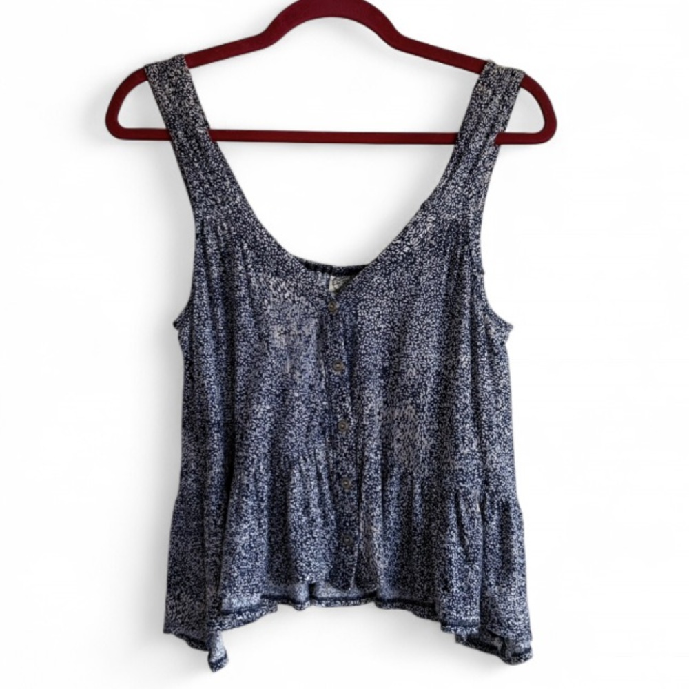 Free People Navy Blue Floral Ruffle Bottom Tank Top Size S/M
